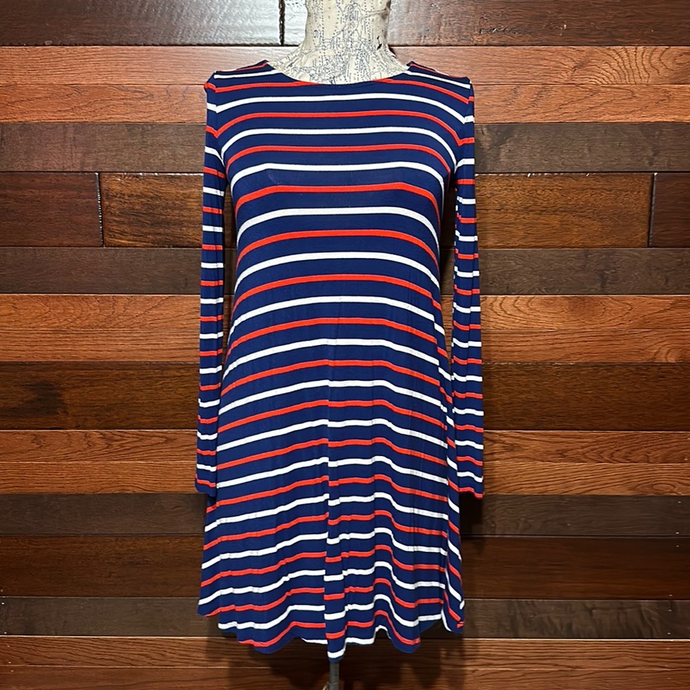 Old Navy Stretchy Scoop Neck Long Sleeve Red, White and Blue Tee Shirt Dress